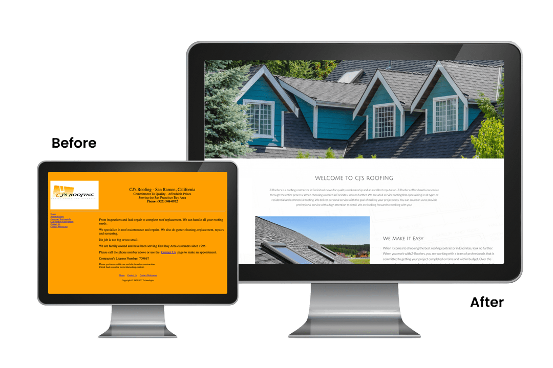 case-study-2 A before-and-after comparison of a website redesign on two monitors. The left monitor shows the old design with a plain orange background, while the right shows the new design with a modern, visually rich interface.